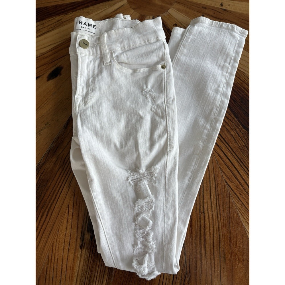 FRAME DENIM Le Skinny De Jeanne White Distressed Jeans Women's Sz 23 X29 - Picture 2 of 6